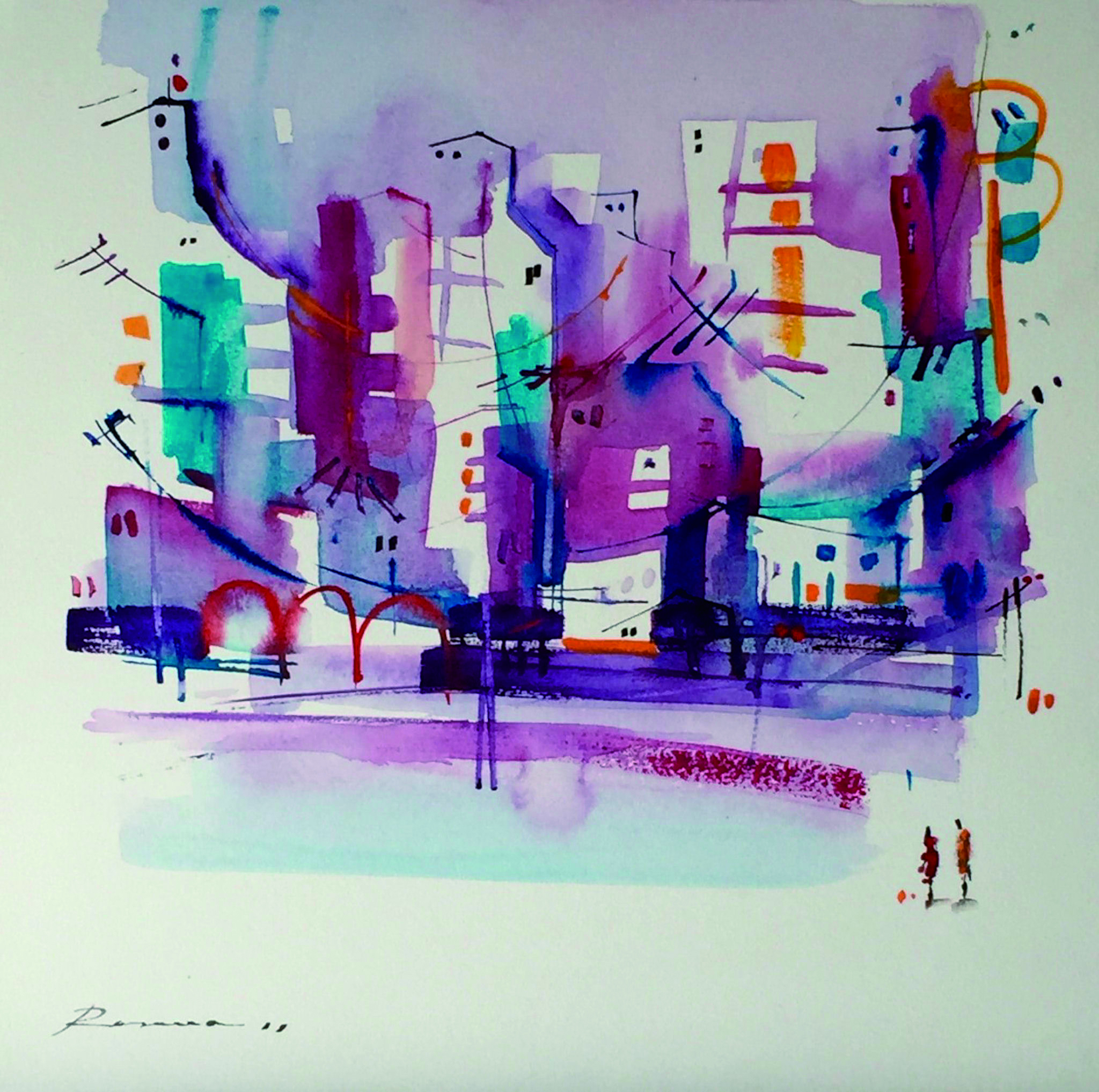 22 en la ciudad acuarela sobre arches en bastidor y metacrilato 30 X 30 cm.