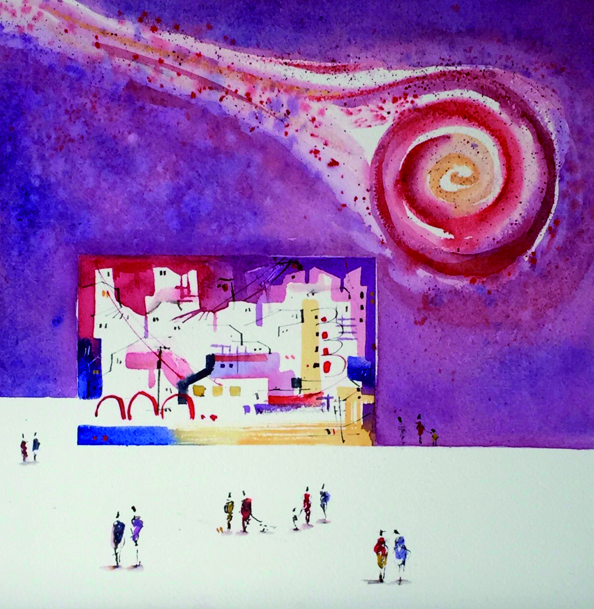 23 La visita del cometa acuarela sobre arches en bastidor y metacrilato 30 X 30 cm.