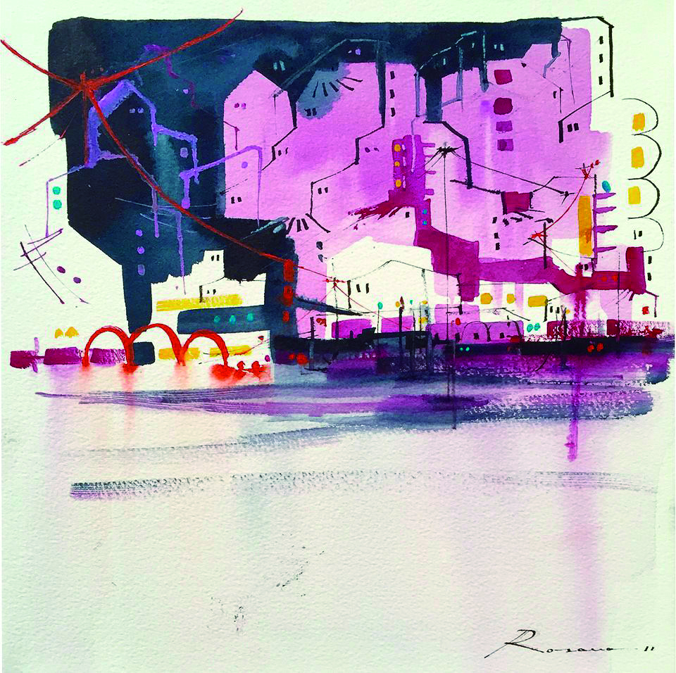 25 Marina interior (Nocturno) acuarela sobre arches en bastidor y metacrilato 30 X 30 cm.