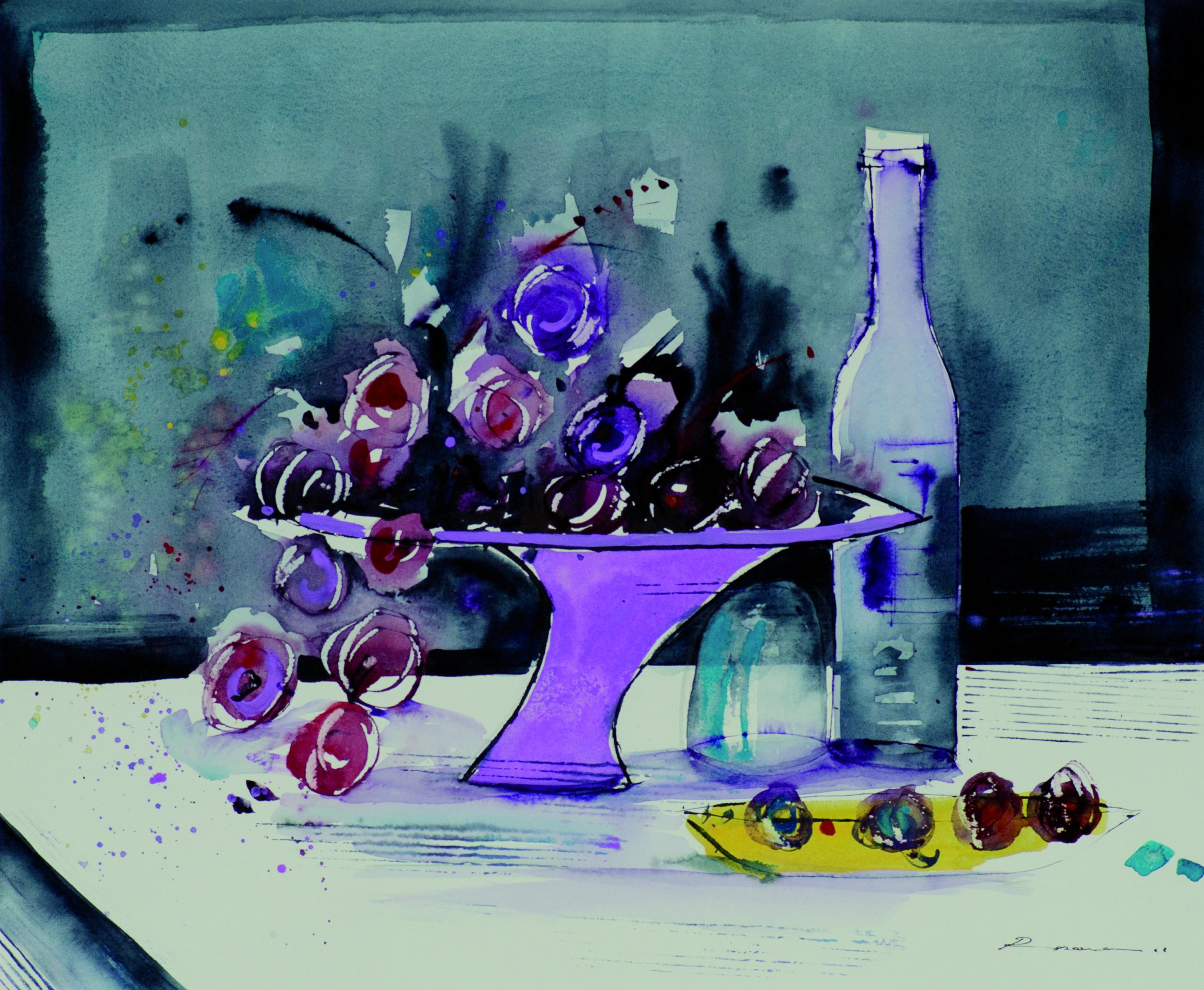 47 Frutero y botella acuarela sobre arches 41 X 51 cm.