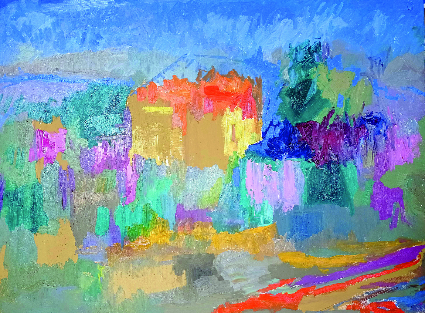 Paisaje ocre y azul, óleo sobre tela, 97 x 130 cm. 97 x 130 cm. 2022 copia