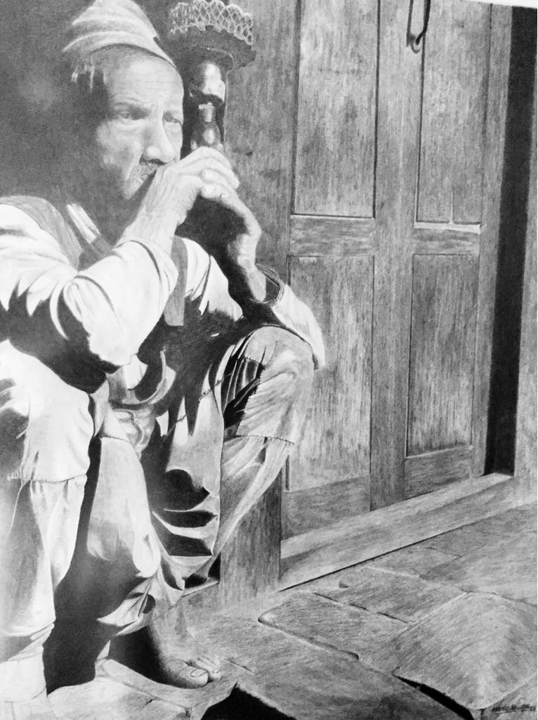 Sentado en la puerta fumando, 50×64 cm Lapiz grafito